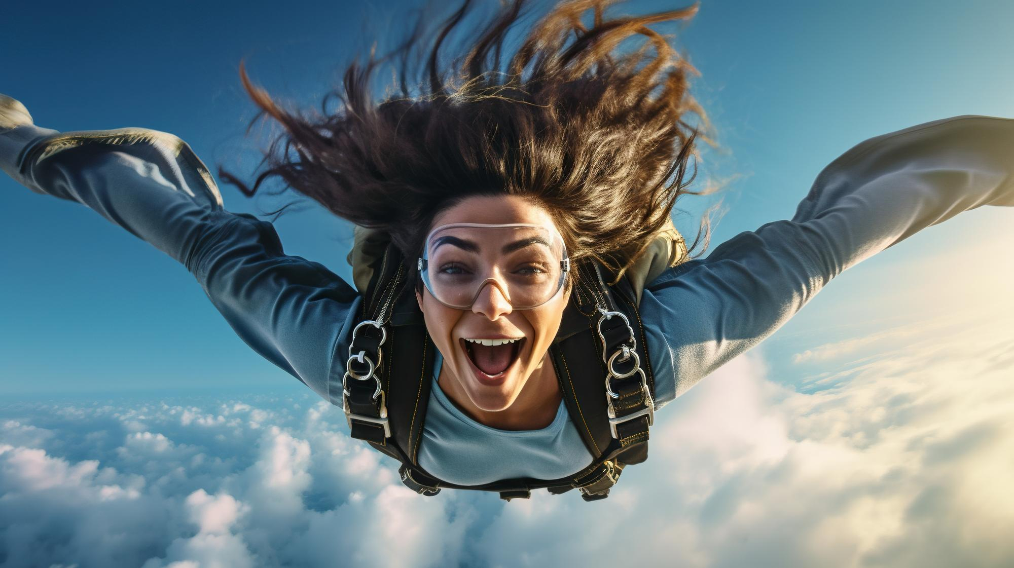 A smiling woman experiences the adrenaline of skydiving, surrounded by a blue sky and fluffy clouds. Feel the thrill with Edge Defiers, apparel for extreme sports.